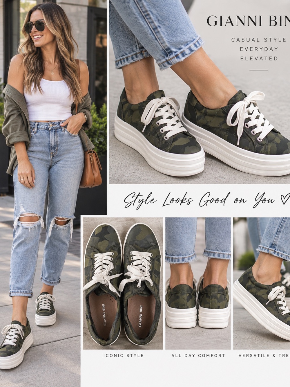 Gianni Bini Camo Platform Sneakers Women’s 9 Green Black Chunky Flatform Lace Up